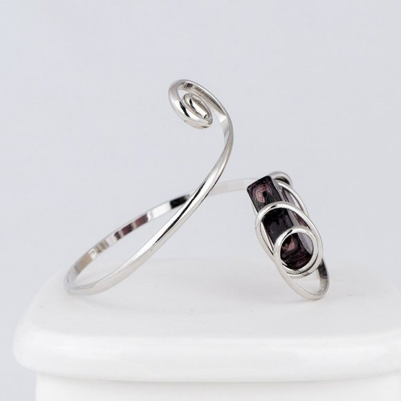 Scroll Wrap Around Bracelet Arm Cuff Purple Art Glass Square Silver Tone Wire - Picture 4 of 4